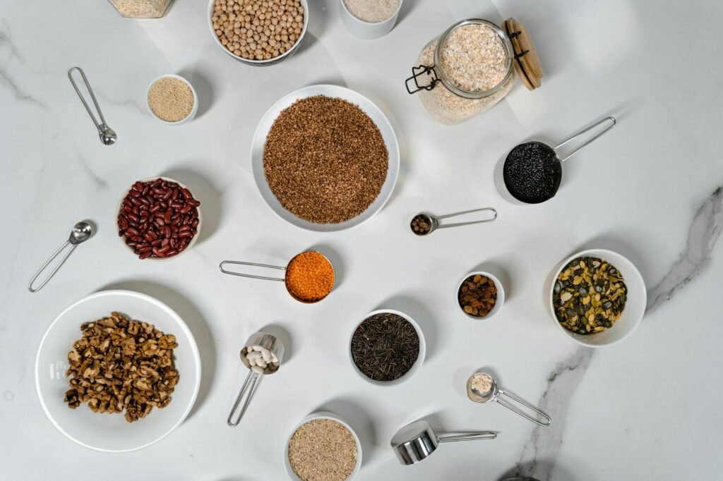 Affordable vegan pantry staples arranged on a kitchen counter