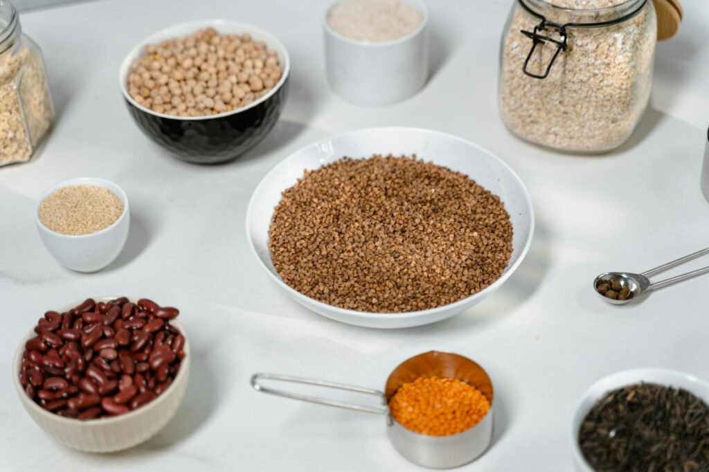 Pantry and produce ingredients for building rich vegan meals